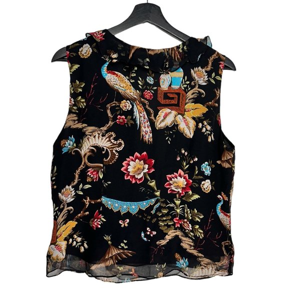 Anne Carson Silk Black Floral Ruffle Sequin Front Tie Sleeveless Blouse M - Picture 2 of 8